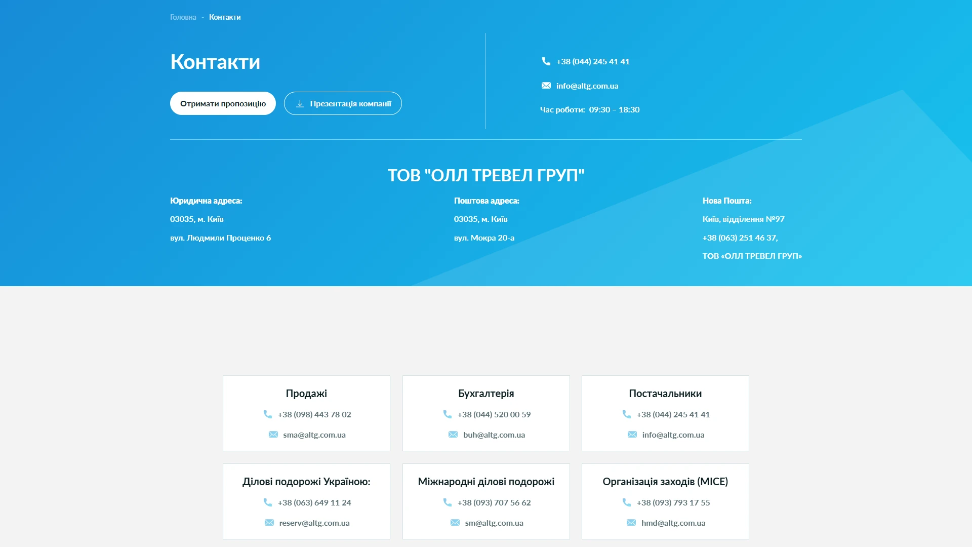 Сторінка «Контакти» — головний банер All Travel Group